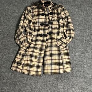 Say What Coat‎ Girls Large Beige Plaid Toggle Hooded Faux Fur Trim Wool Blend